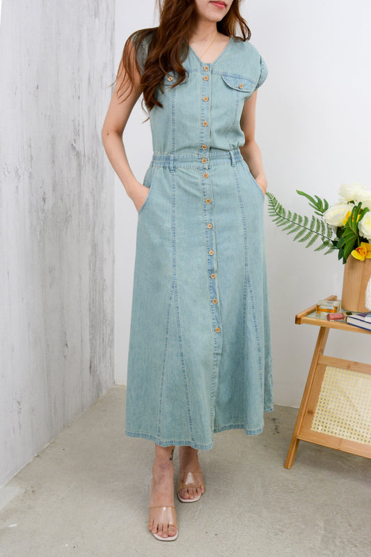 Cap Sleeve Button-Front Denim Dress