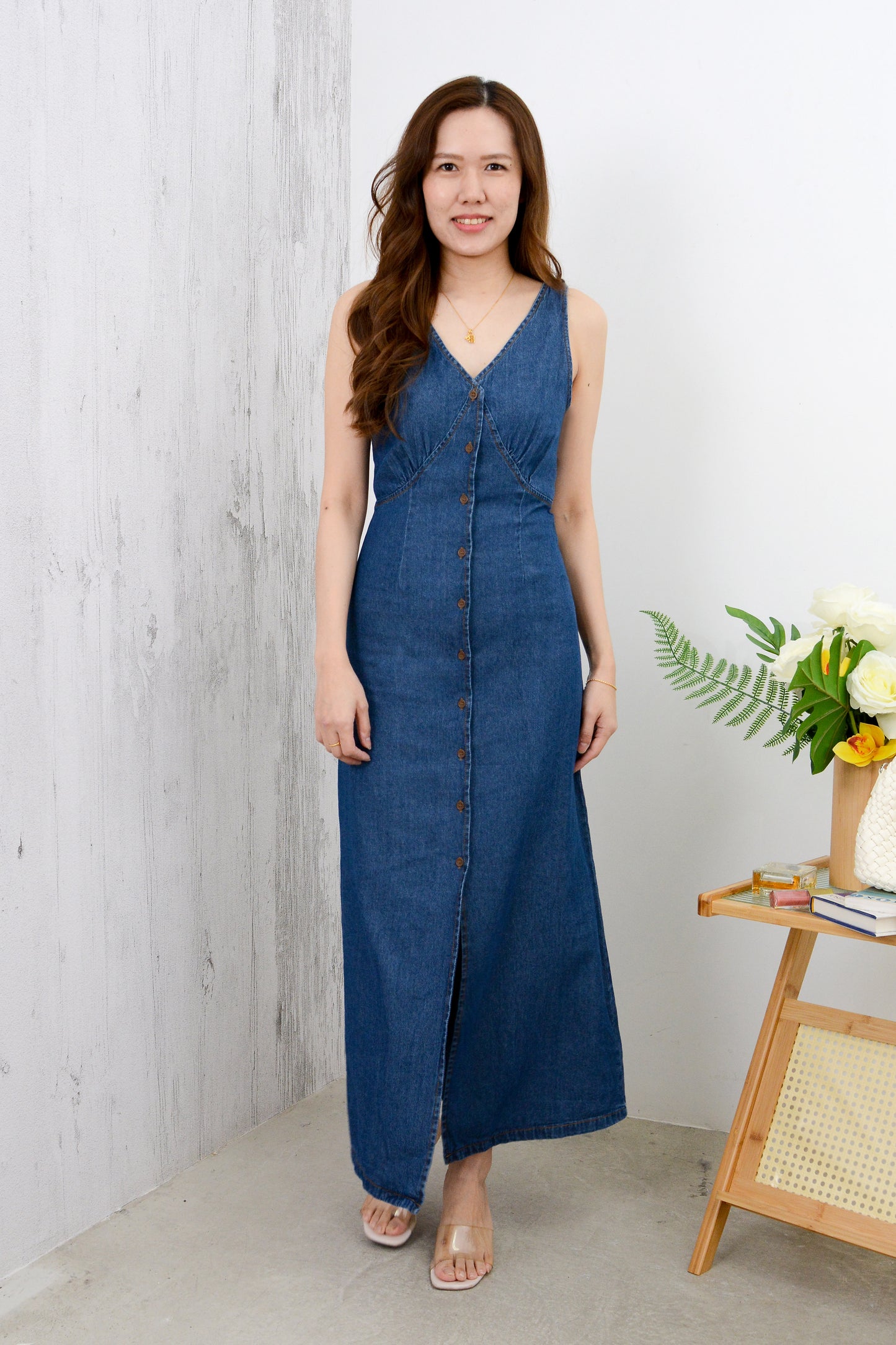 V-Neck Sleeveless Denim Dress