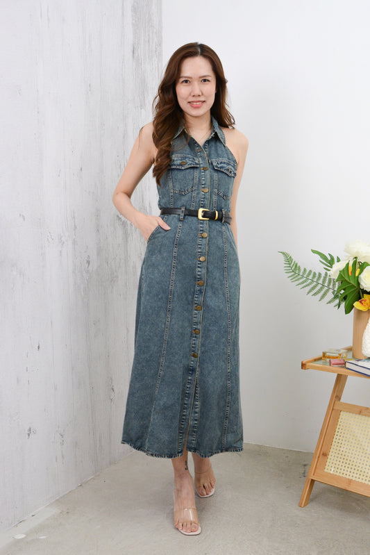 Blue Halter Neck Denim Dress