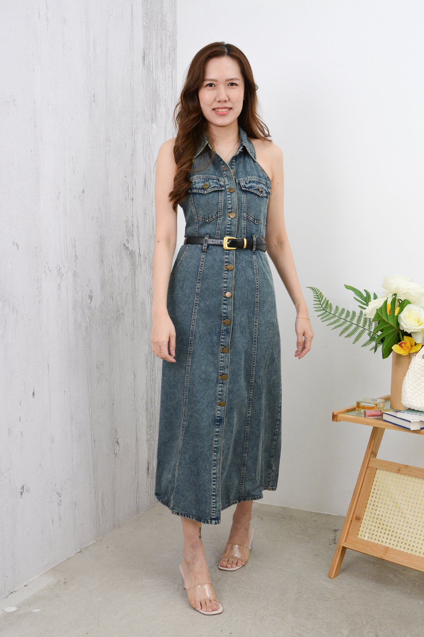 Blue Halter Neck Denim Dress