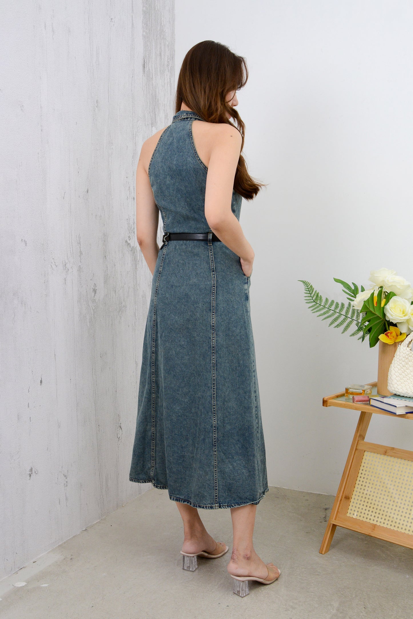 Blue Halter Neck Denim Dress