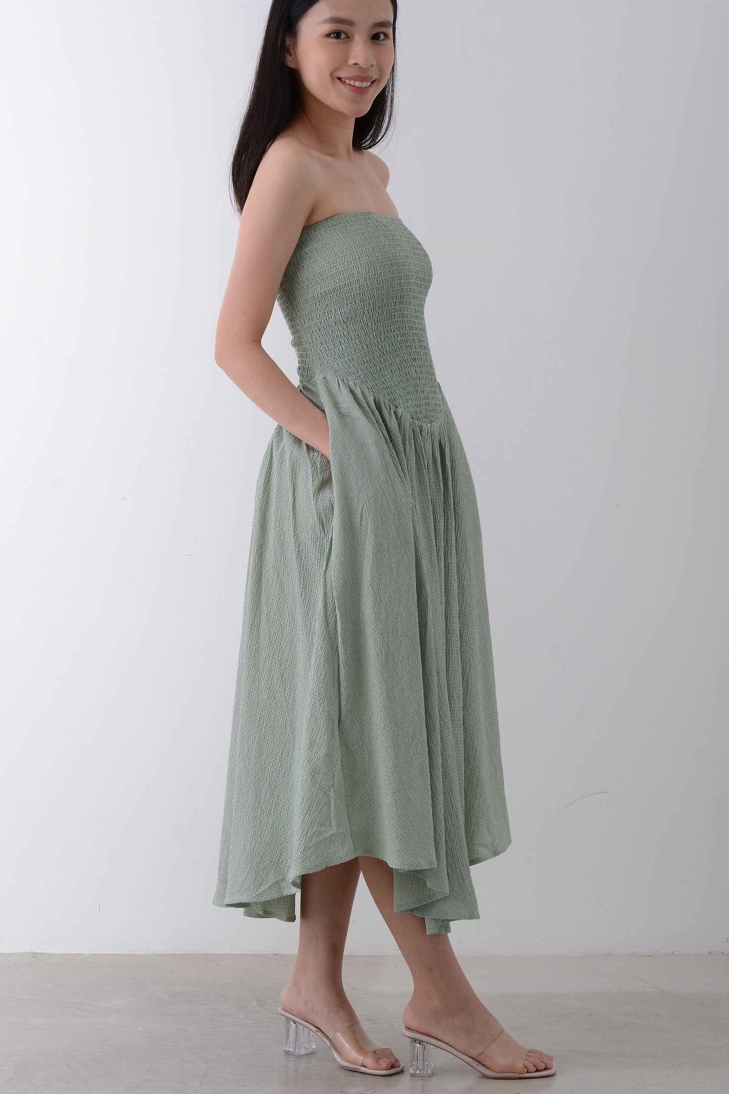 Strapless Ruched Midi Dress - Yan's Singapore