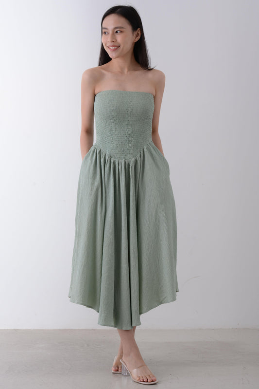 Strapless Ruched Midi Dress - Yan's Singapore