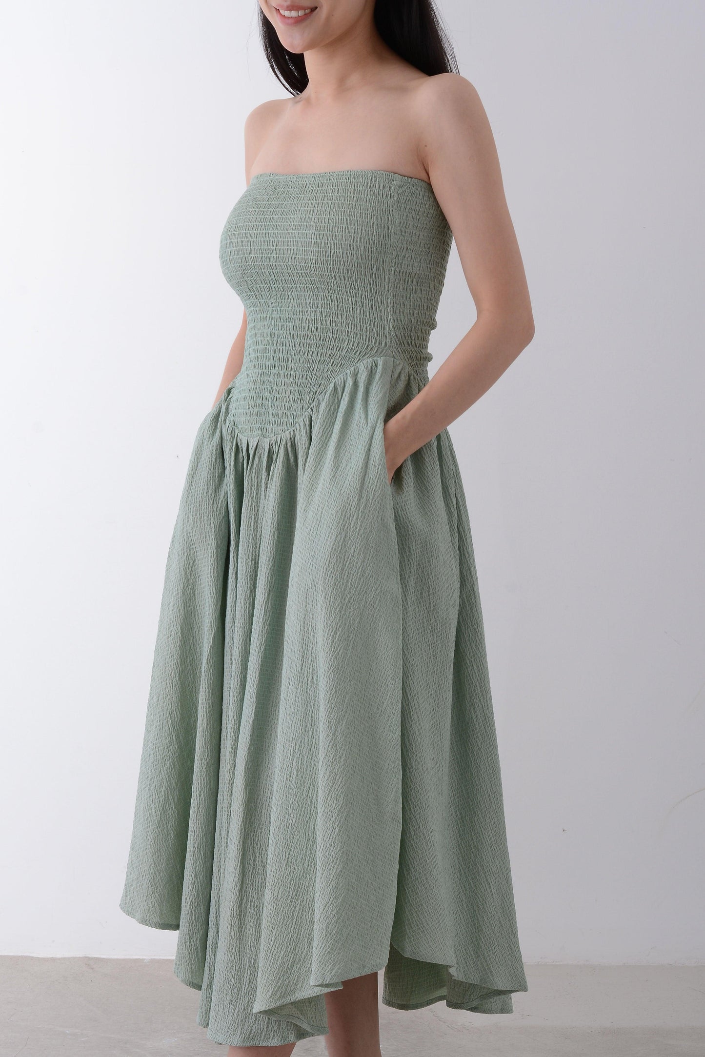 Strapless Ruched Midi Dress - Yan's Singapore