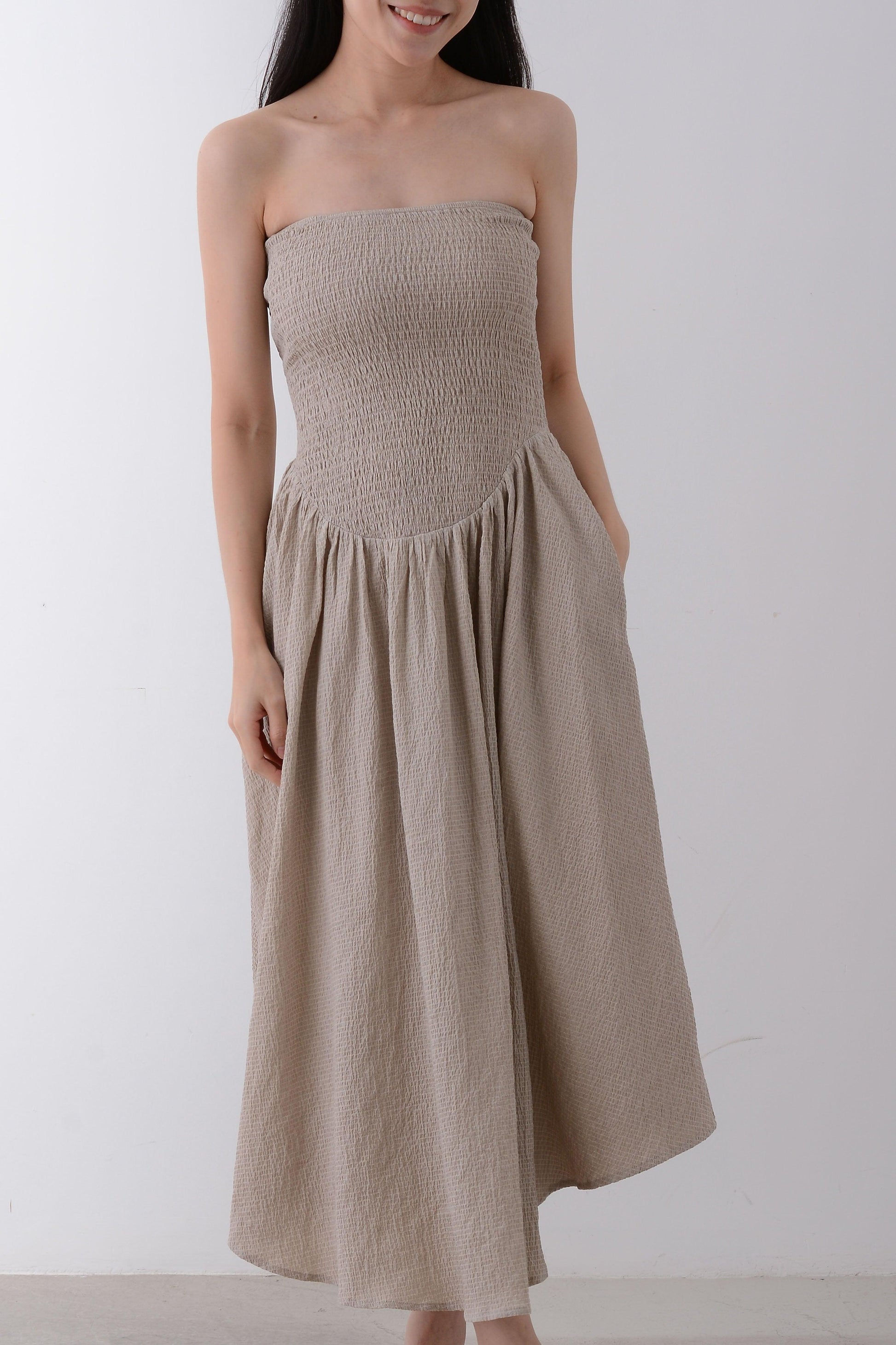 Strapless Ruched Midi Dress - Yan's Singapore