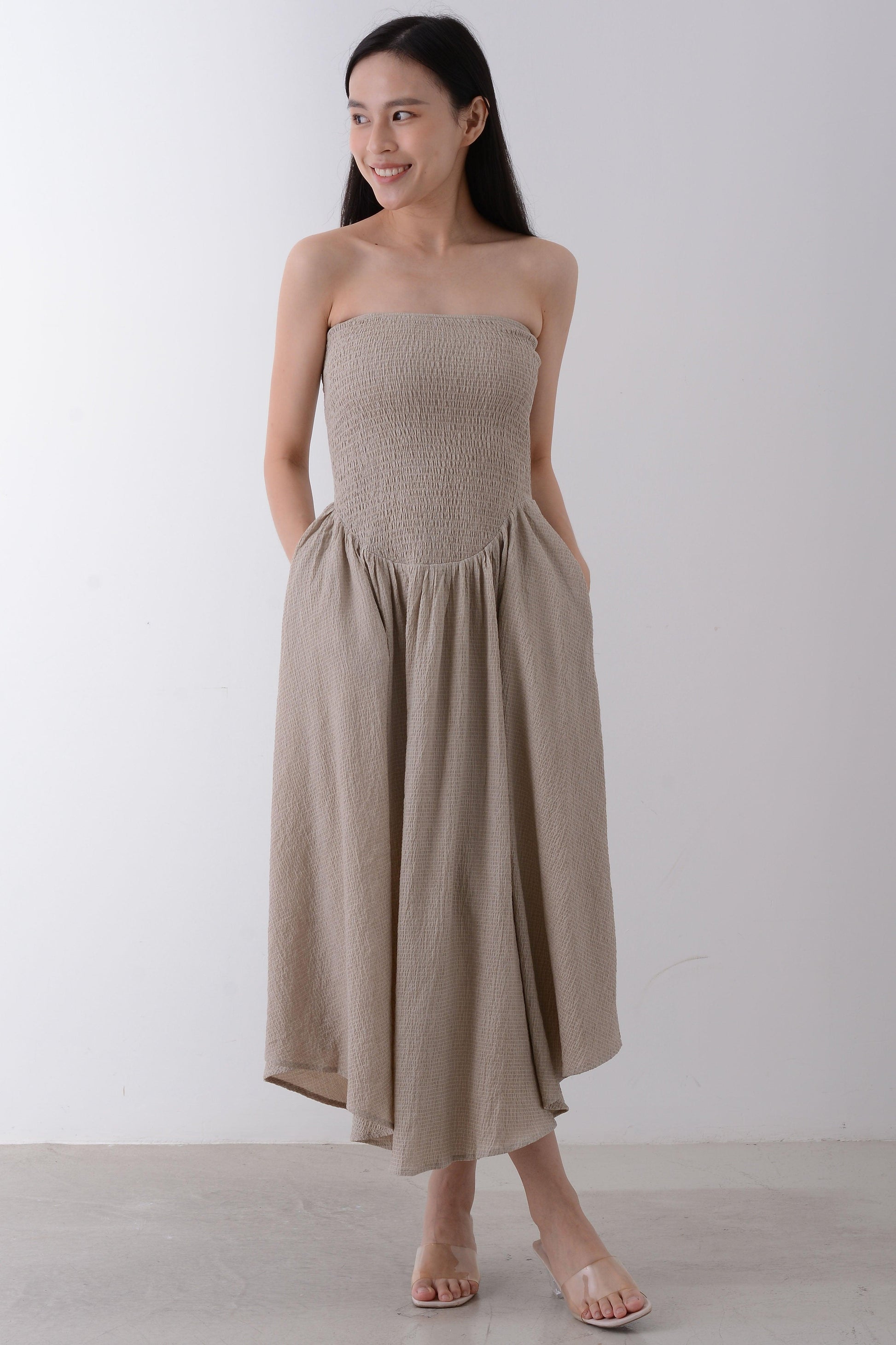 Strapless Ruched Midi Dress - Yan's Singapore