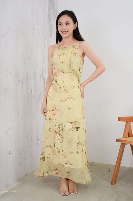 Lunar Floral Strappy Maxi Dress - Beige