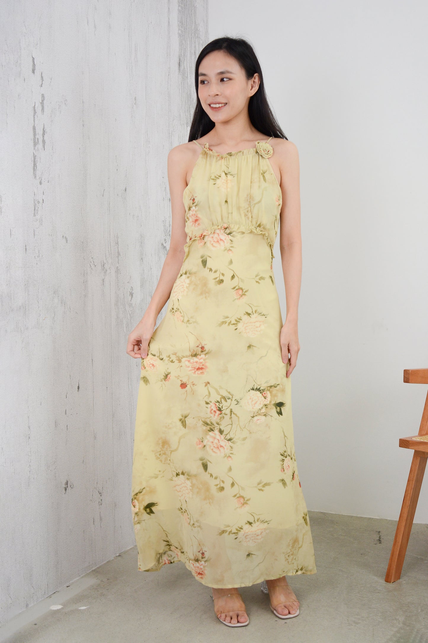 Lunar Floral Strappy Maxi Dress - Beige