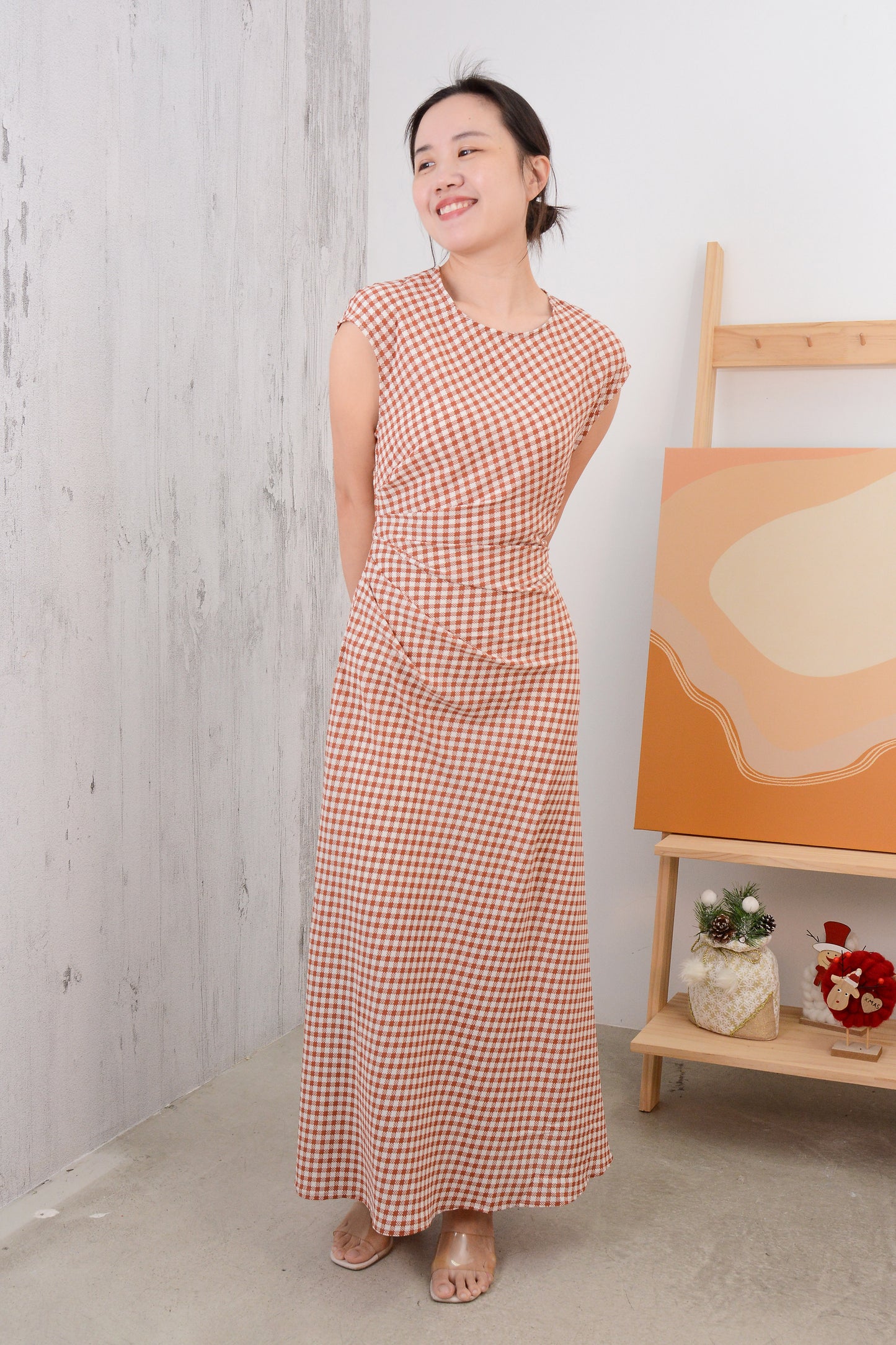 Plaid Front Pleated Maxi Dress